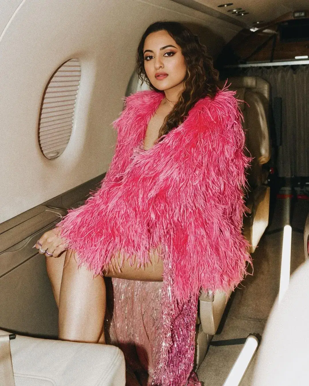 Actress Sonakshi Sinha in Pink Kidman Feather Jacket